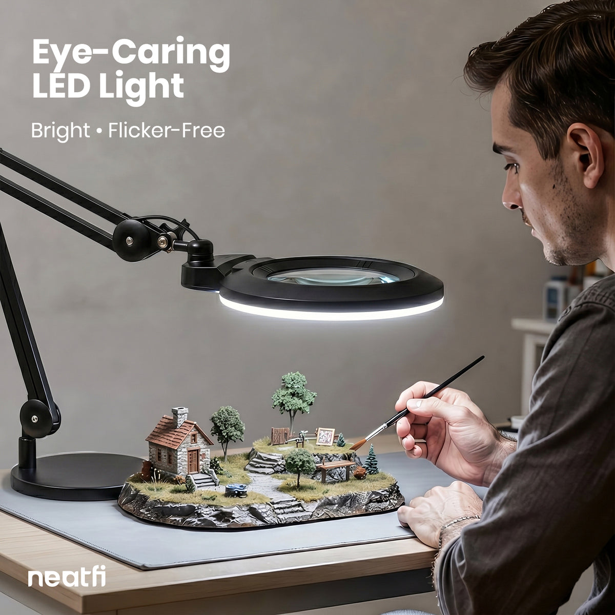 7” Wide Acrylic Lens LED Magnifying Lamp with Base – 1600 Lumens, Dimmable for Close Works, Black