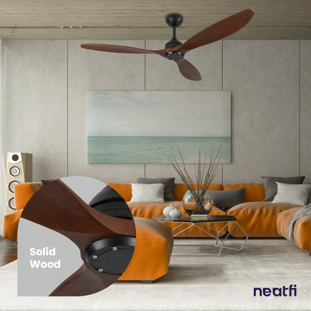 52-inch Low Profile Ceiling Fan Without Light – 3 Solid Wood Blades, Downrod Mount, Dark Wood