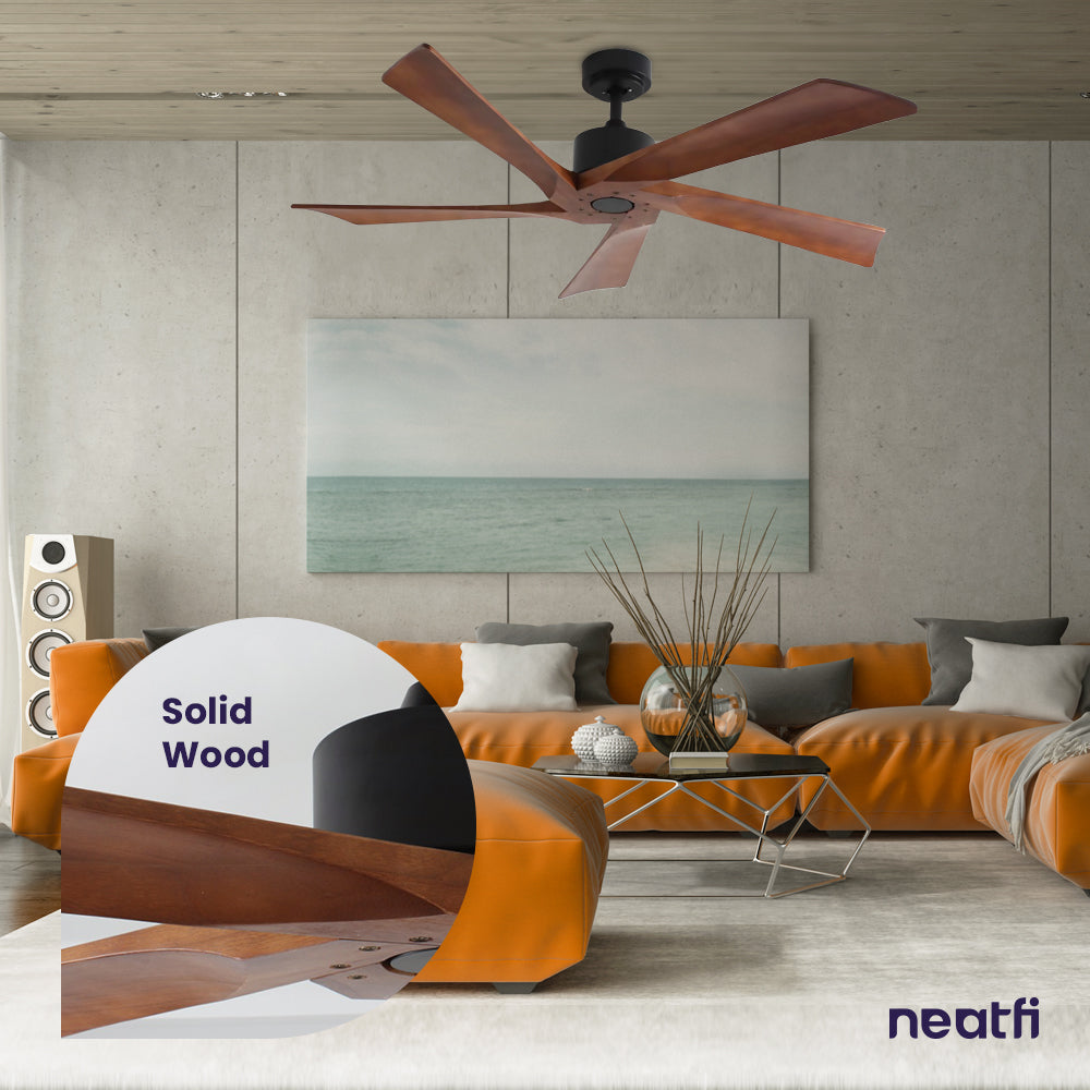 54-inch Industrial Ceiling Fan – 5 Solid Wood Blades, 180 RPM, Downrod, Dark Wood