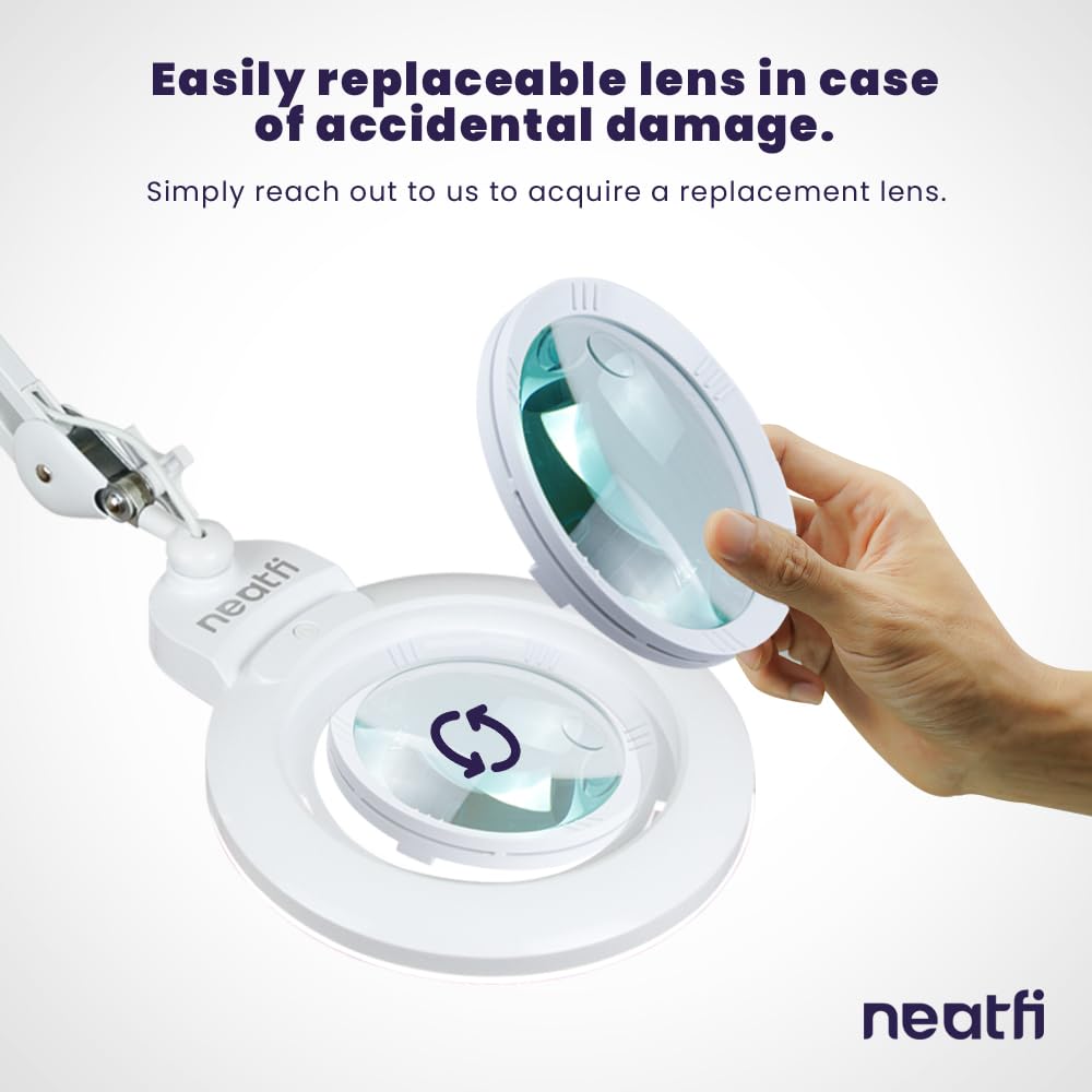 7” Wide Glass Lens LED Magnifying Lamp with Clamp – 1600 Lumens, Dimmable for Close Works, White