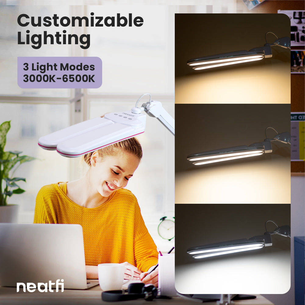17” Wide Shade Elite LED Desk Lamp with Clamp – 3 Light Modes, Non-Polar Dimming, Pink Ring