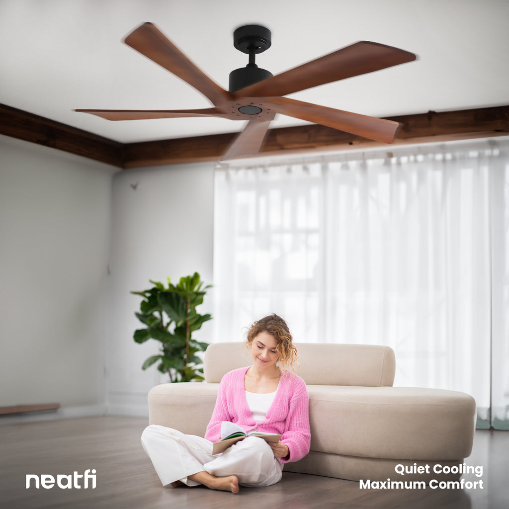 54-inch Industrial Ceiling Fan – 5 Solid Wood Blades, 180 RPM, Downrod, Dark Wood