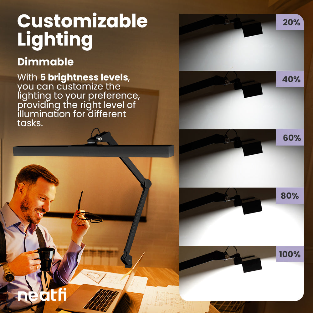 3000 Lumens Flex Desk Lamp with Clamp, Metal Arm – 28" Wide, 5 Light Modes, Dimmable Light, Black