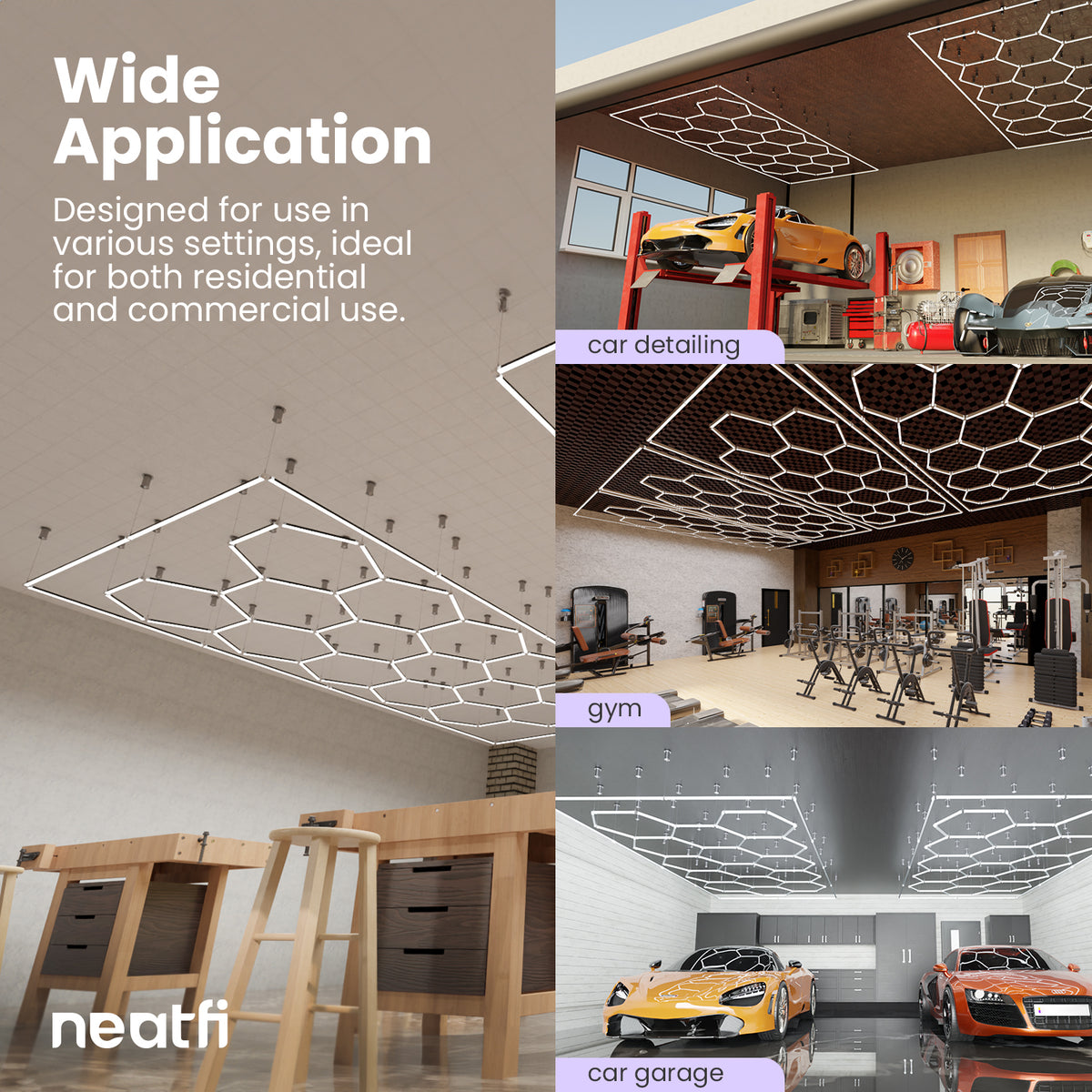 15 Hex Grid LED Ceiling Light with Hanging Kit – 69,600 Lumens for Auto Shop & Gyms, Cool White