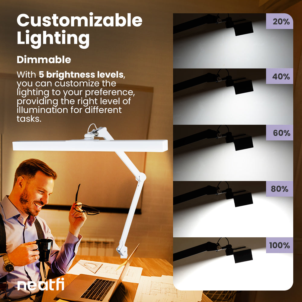 3000 Lumens Flex Desk Lamp with Clamp, Metal Arm – 28" Wide, 5 Light Modes, Dimmable Light, White