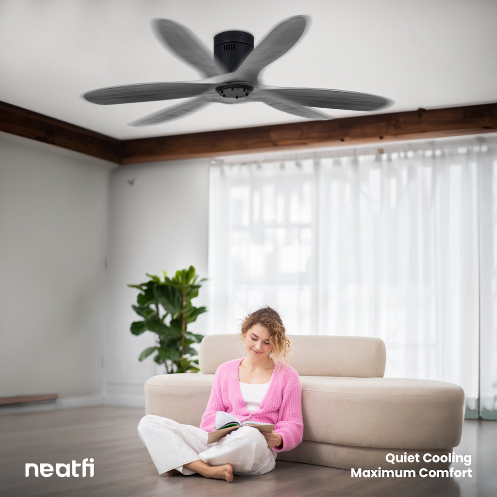 52-inch Solid Ceiling Fan with Remote Control, 3 Solid Wood Blades, Flush Mount - Dark Gray