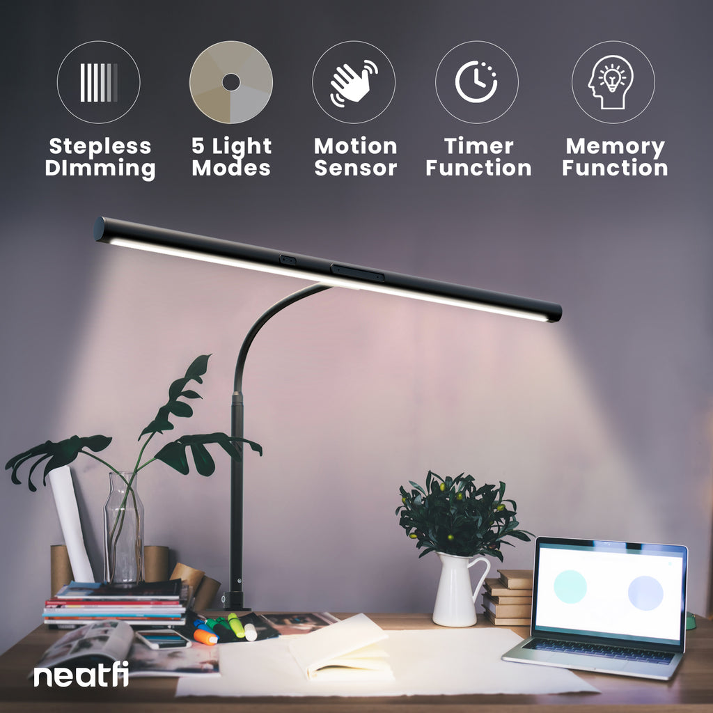 31.5" Architect Desk Light, LED Desk Lamp with Clamp and Base for Home Office with Motion Sensor and Touch Switch, 1100 Lumens, 5 Brightness Levels, 5 Light Modes, 60-min Timer - Black