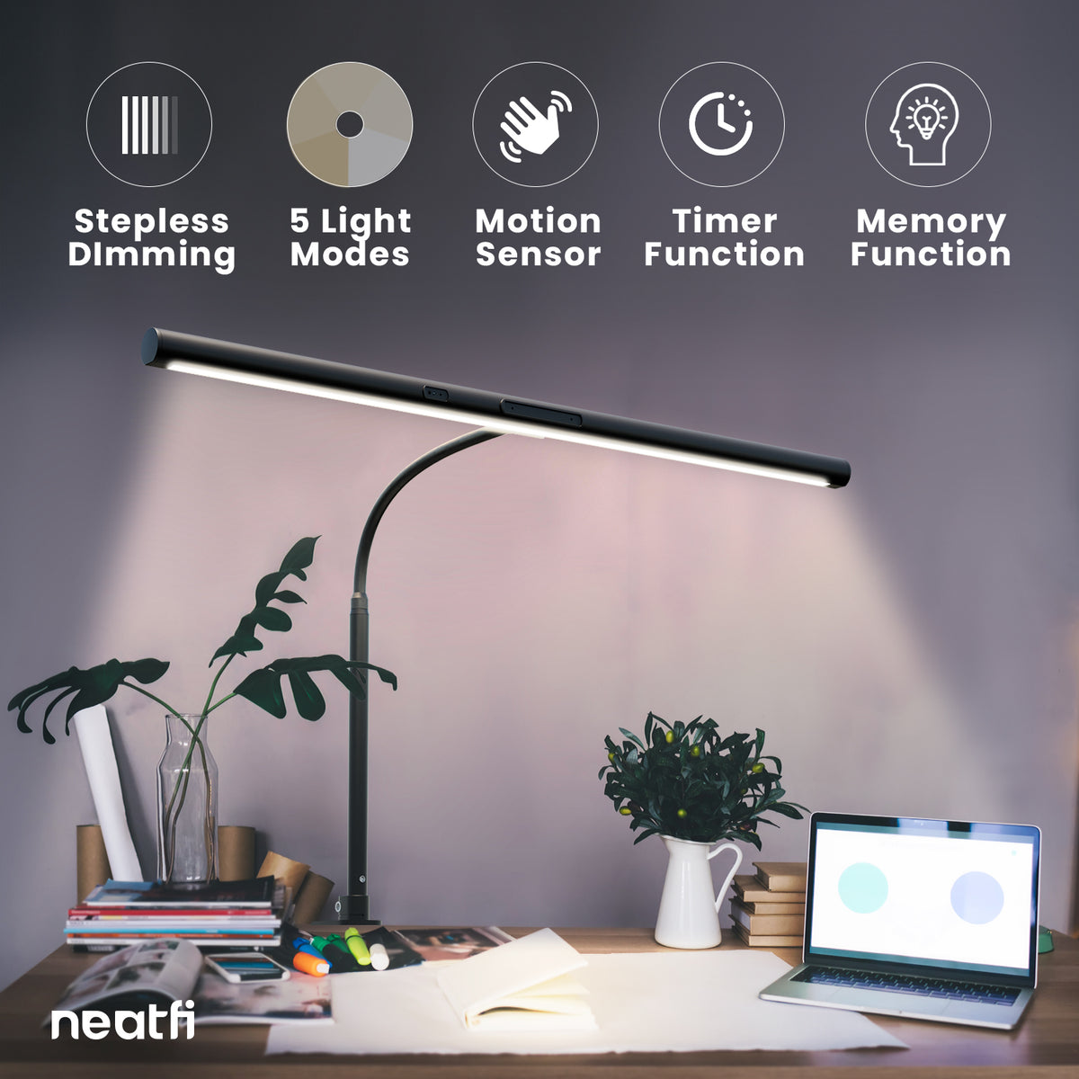 31.5" Architect Desk Light, LED Desk Lamp with Clamp and Base for Home Office with Motion Sensor and Touch Switch, 1100 Lumens, 5 Brightness Levels, 5 Light Modes, 60-min Timer - Black