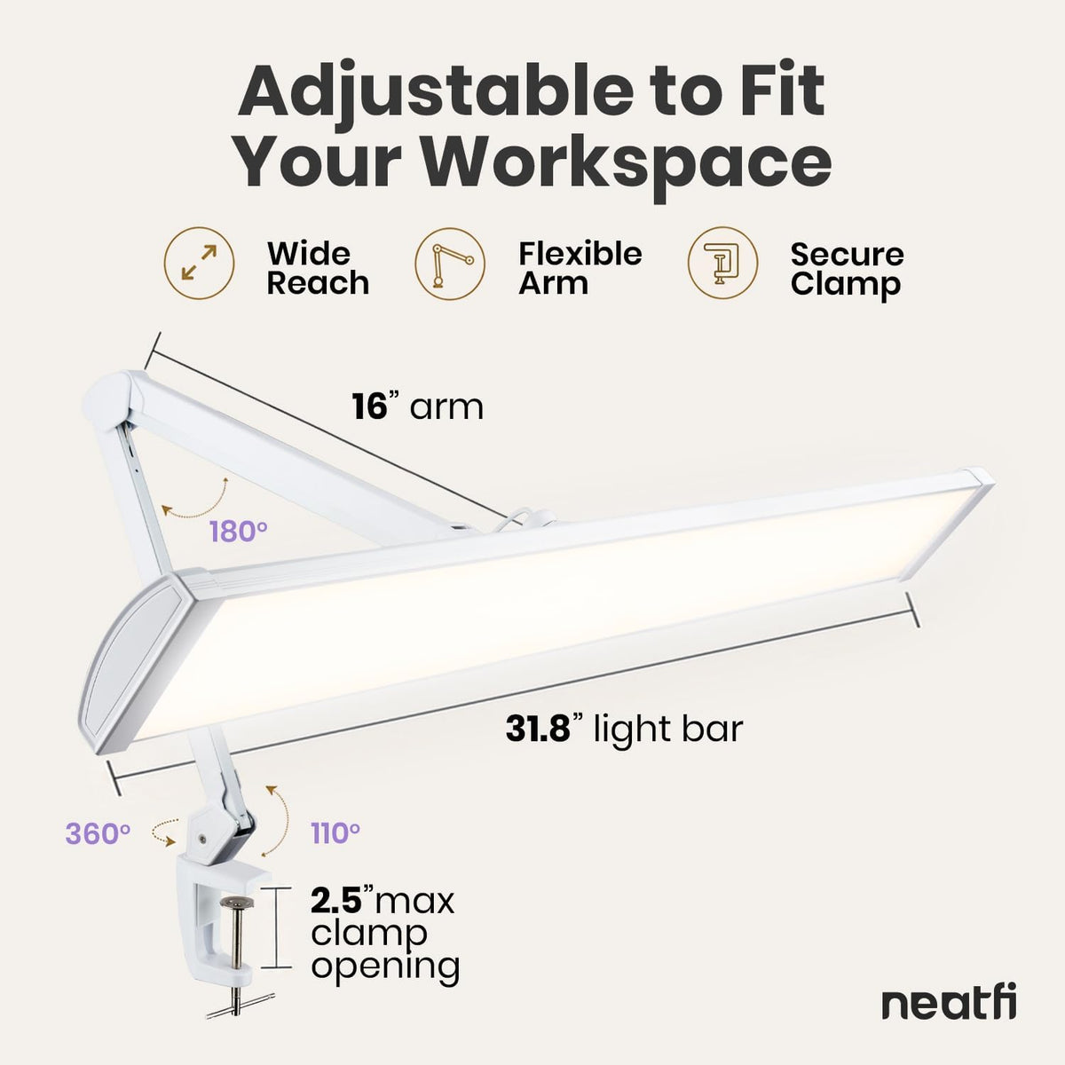 Pro 4500 Lumens 50W LED Desk Lamp with Clamp, CRI 95, CCT, White