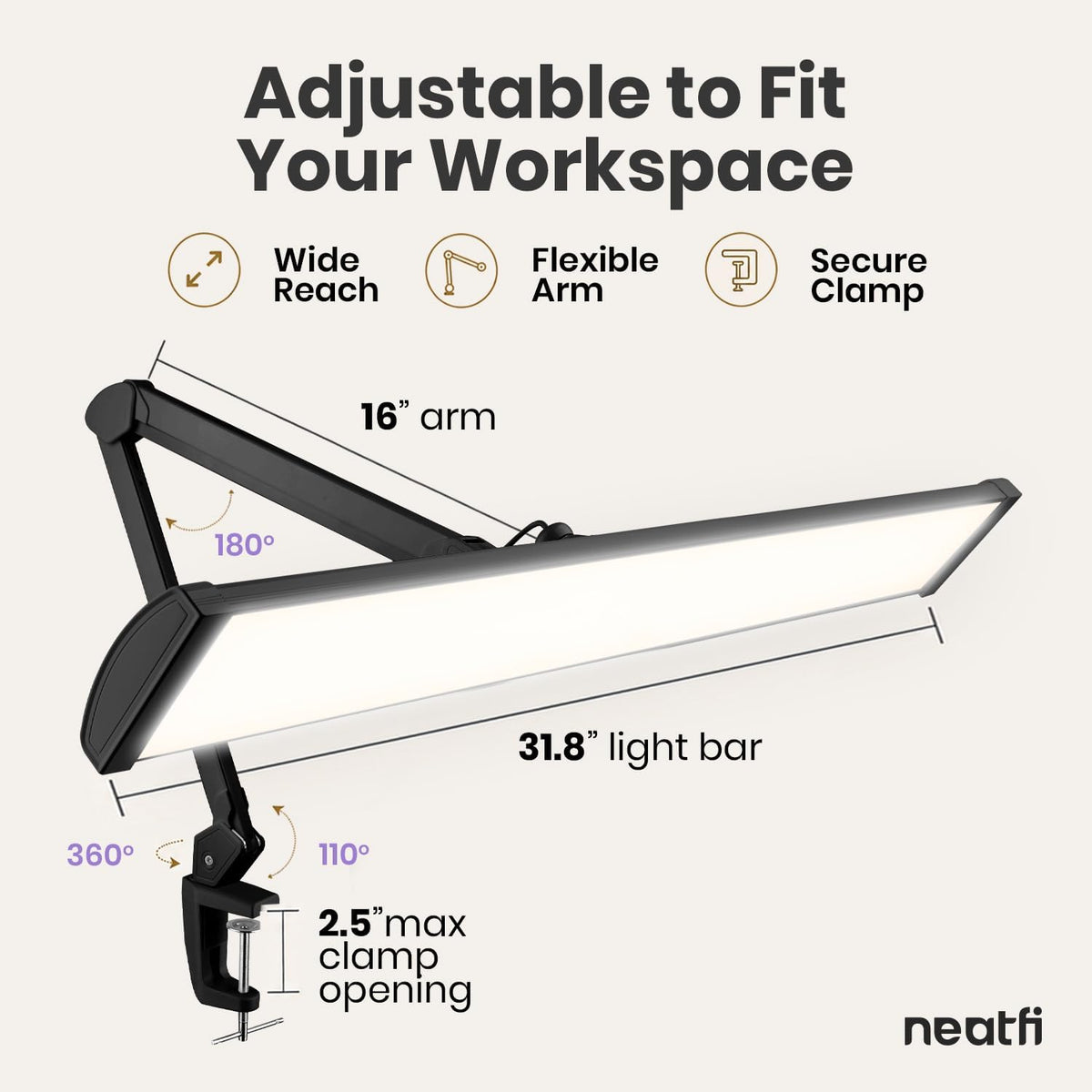 Pro 4500 Lumens 50W LED Desk Lamp with Clamp, CRI 95, CCT, Black