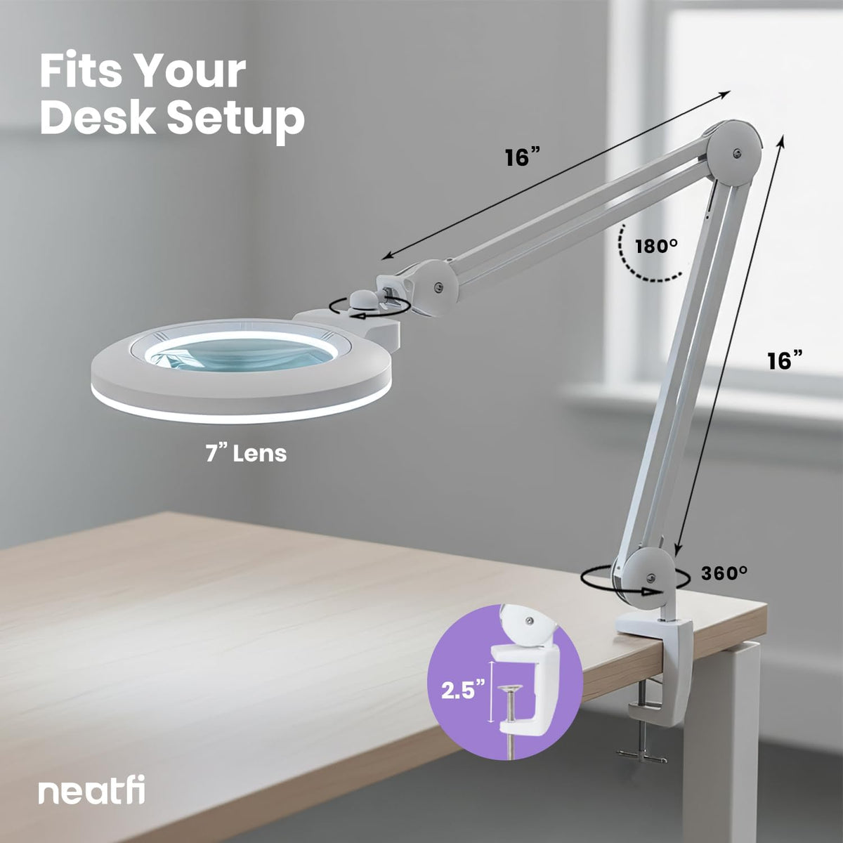 7" Acrylic Lens Pro LED Magnifying Lamp – 5D/20D, CRI 95, Dimmable, White