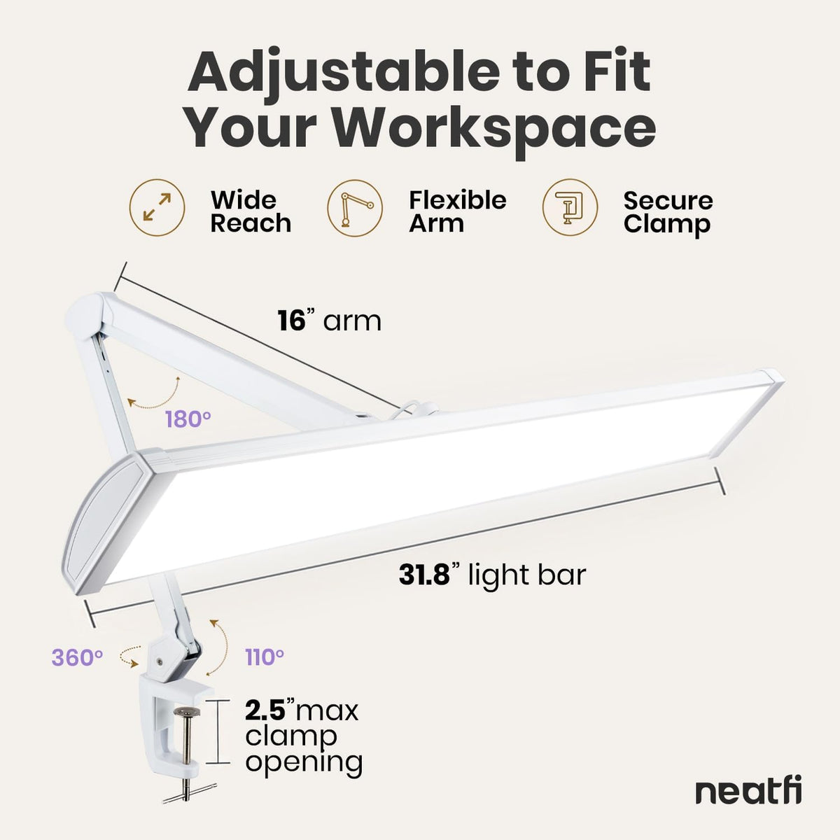 Pro 4500 Lumens LED Desk Lamp, Clamp, CRI 95, Dimmable, White