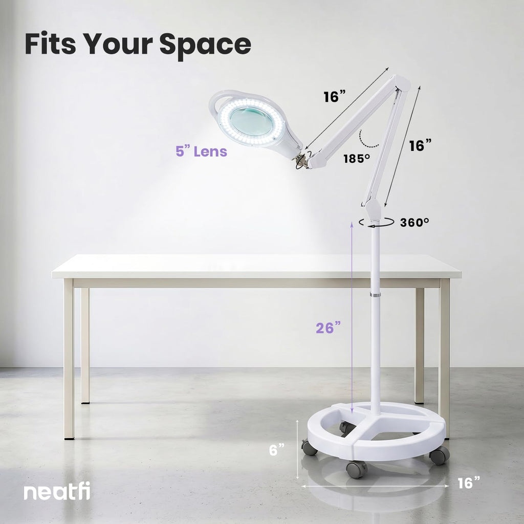 5" LED Magnifying Floor Lamp – 1,000 Lumens, 5D Magnification, Adjustable CCT, Rolling Base, White