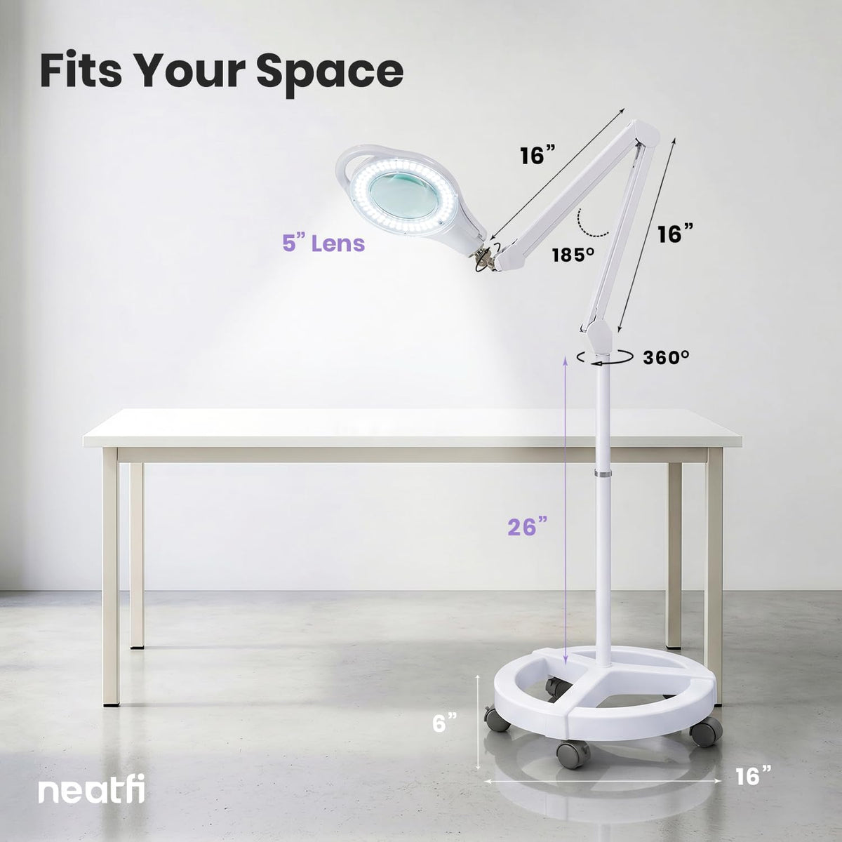 5" LED Magnifying Floor Lamp – 1,000 Lumens, 5D Magnification, Adjustable CCT, Rolling Base, White