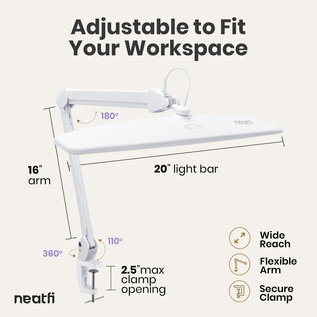 Elite Pro LED Desk Lamp with Clamp, 24W, CRI 95, Dimmable, CCT, White