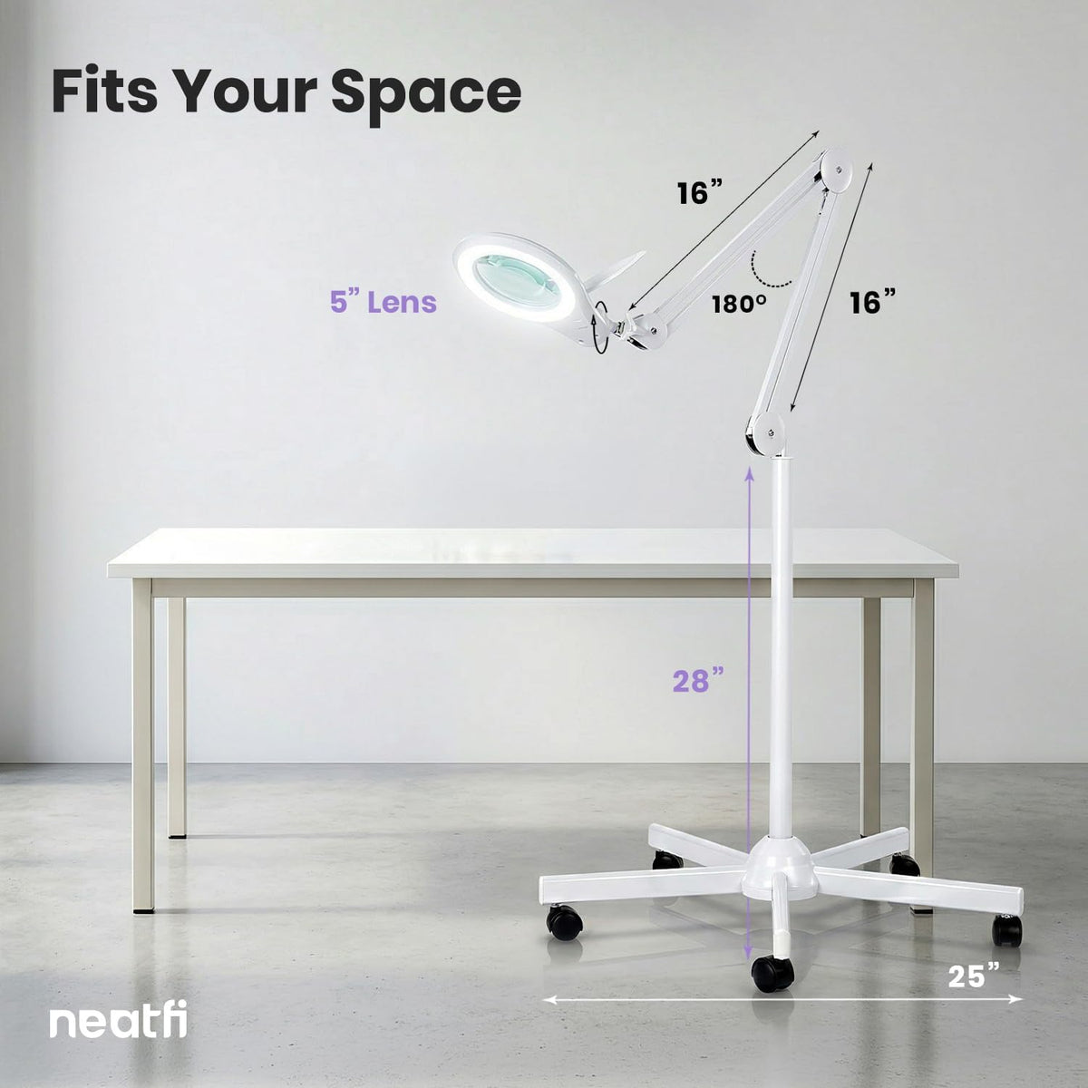5" Wide Bifocals Glass Lens – 1200 Lumens LED Magnifying Floor Lamp with Rolling Base, White