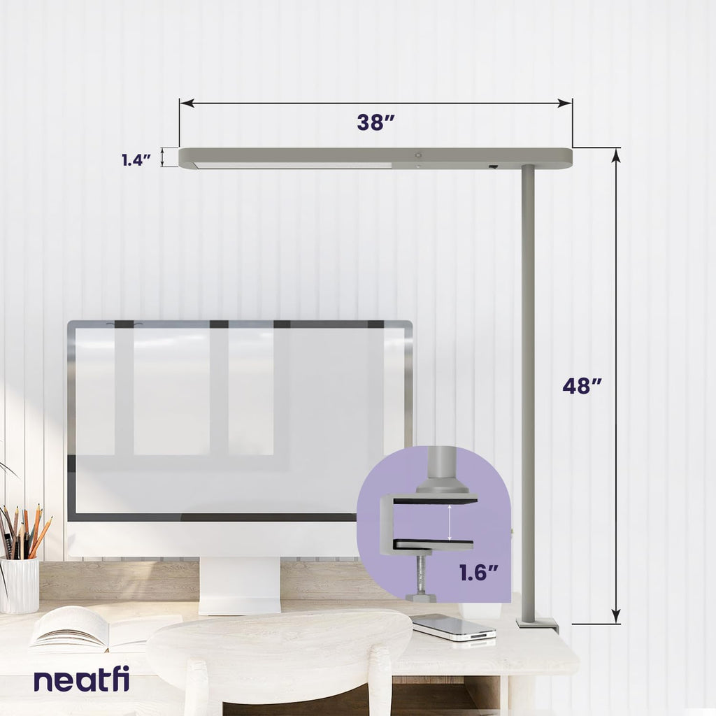 Lampe de bureau LED Premium 38", 5200 lumens – Lumière ultra-lumineuse, à pince, 40W, température de couleur 4000K, tête réglable – Idéale pour le bureau à domicile et l'étude – Grise