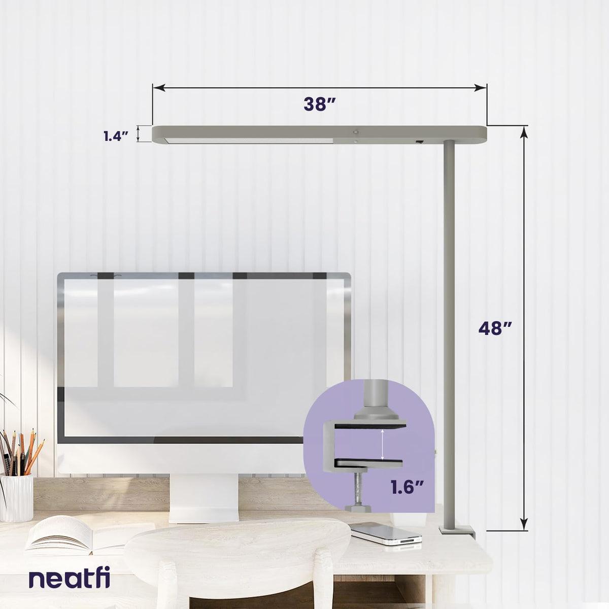 Lampe de bureau LED Premium 38", 5200 lumens – Lumière ultra-lumineuse, à pince, 40W, température de couleur 4000K, tête réglable – Idéale pour le bureau à domicile et l'étude – Grise