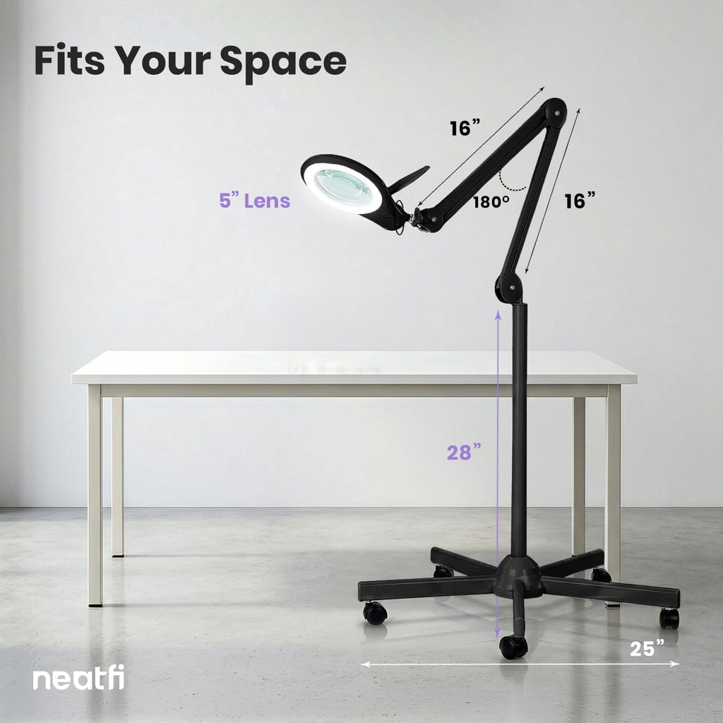 5" Wide Bifocals Glass Lens – 1200 Lumens LED Magnifying Floor Lamp with Rolling Base, Black