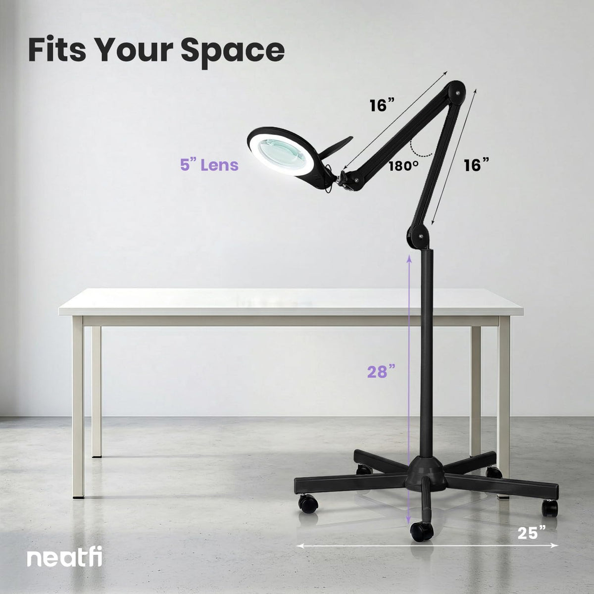 5" Wide Bifocals Glass Lens – 1200 Lumens LED Magnifying Floor Lamp with Rolling Base, Black