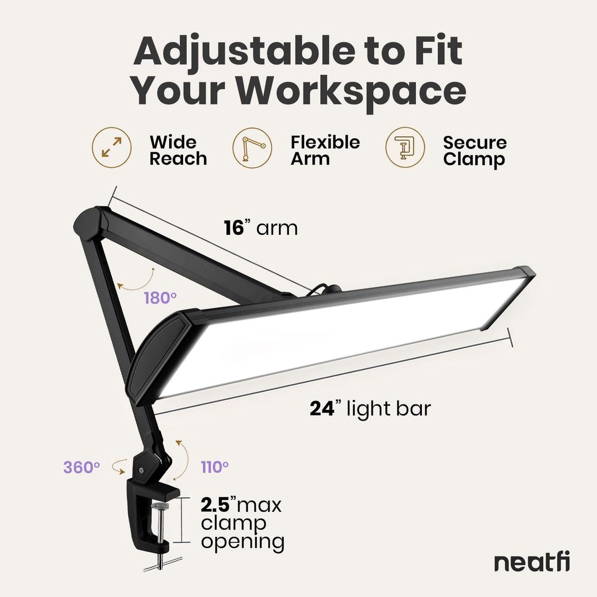 Pro 2300Lumens LED Desk Lamp, Clamp, CRI 95, 24-Inch Head, Black