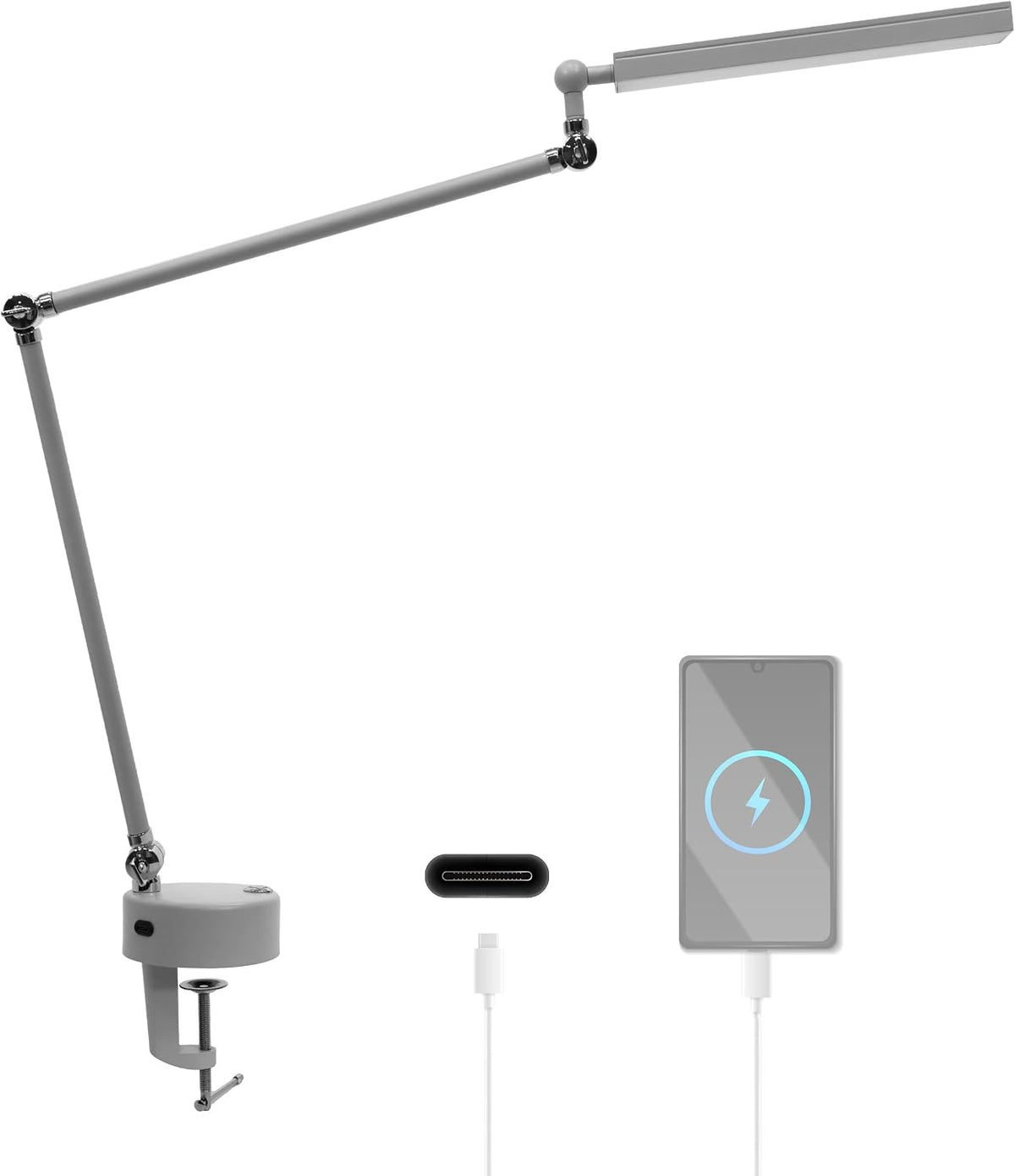 12W LED Table Lamp with Clamp, 3 Light Modes, USB Charging, Silver