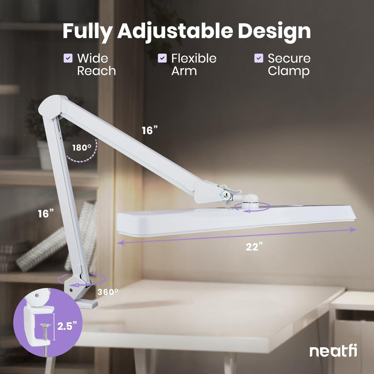 2500 Lumens LED Desk Lamp with Clamp – 22" Wide Shade, 5 Color Modes for Nails & Crafts, White