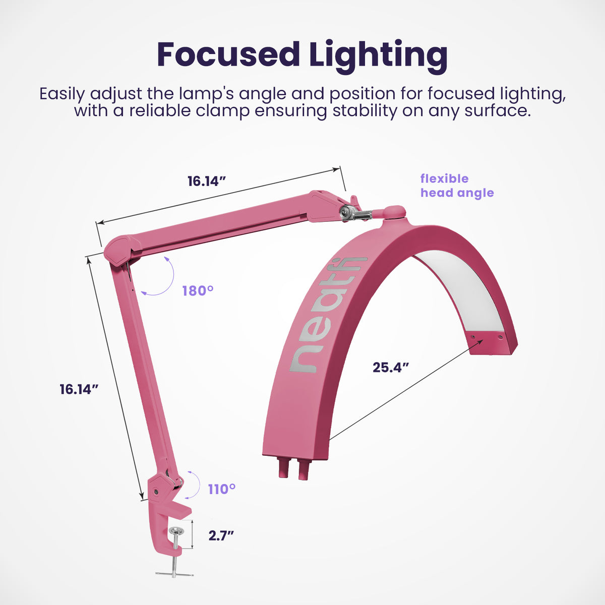 Lámpara de mesa LED de media luna con abrazadera – 2500 lúmenes, 5 modos de luz para decoración de uñas y tratamientos faciales, rosa