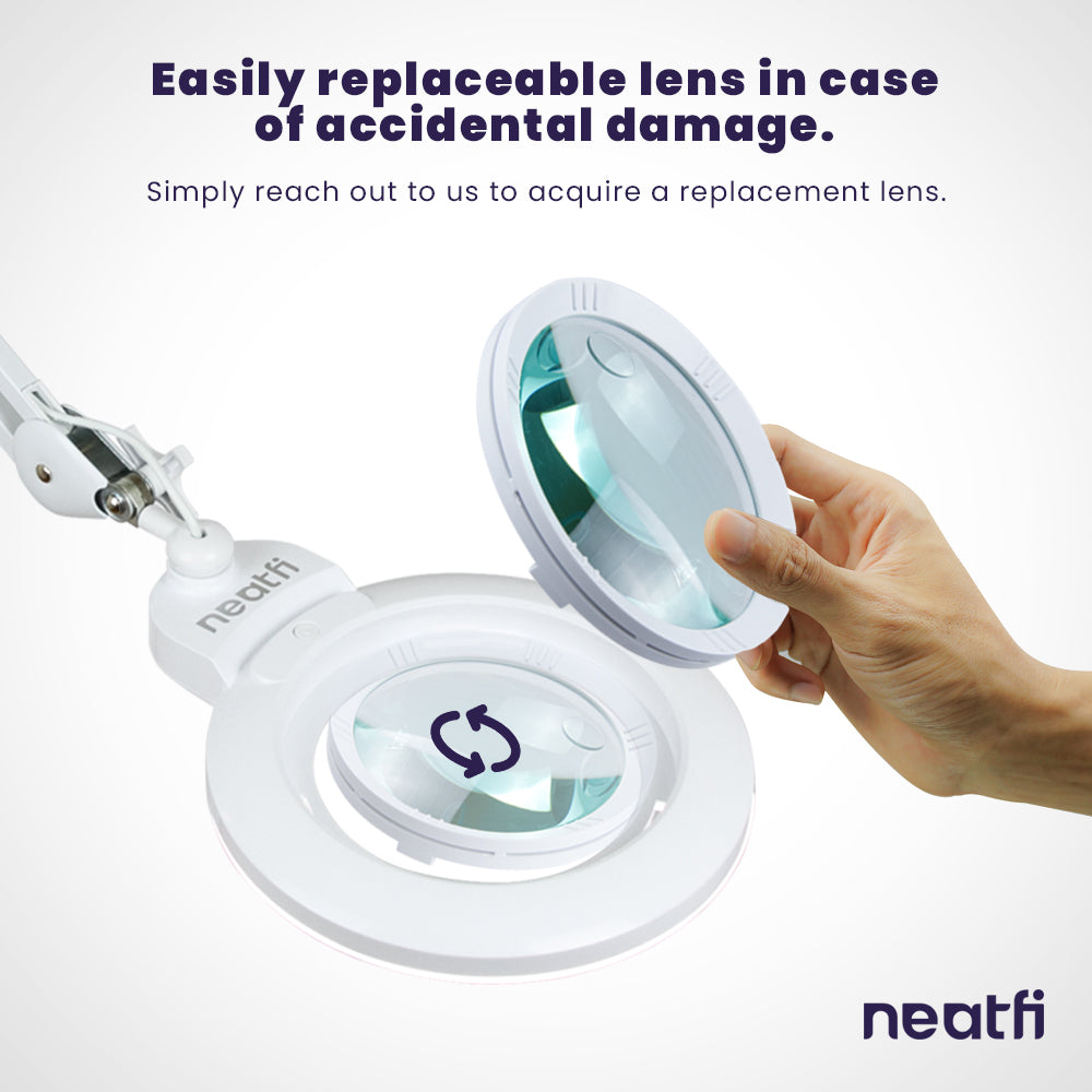 7” Wide Acrylic Lens LED Magnifying Lamp with Clamp – 1600 Lumens, Dimmable for Close Works, White