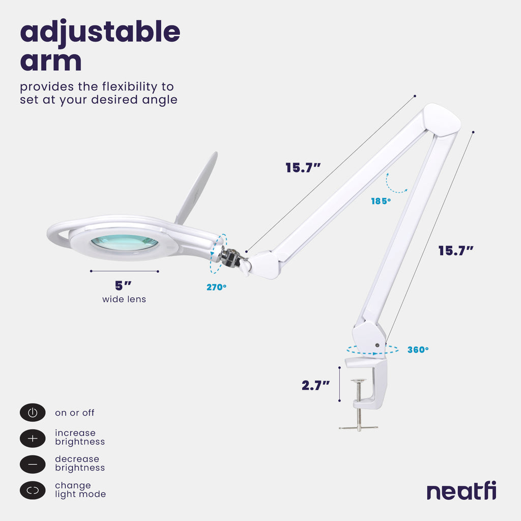 5" Lens Magnifying Lamp with Clamp – 8 Diopter, 3 Light Modes, Dimmable for Detail Works, White