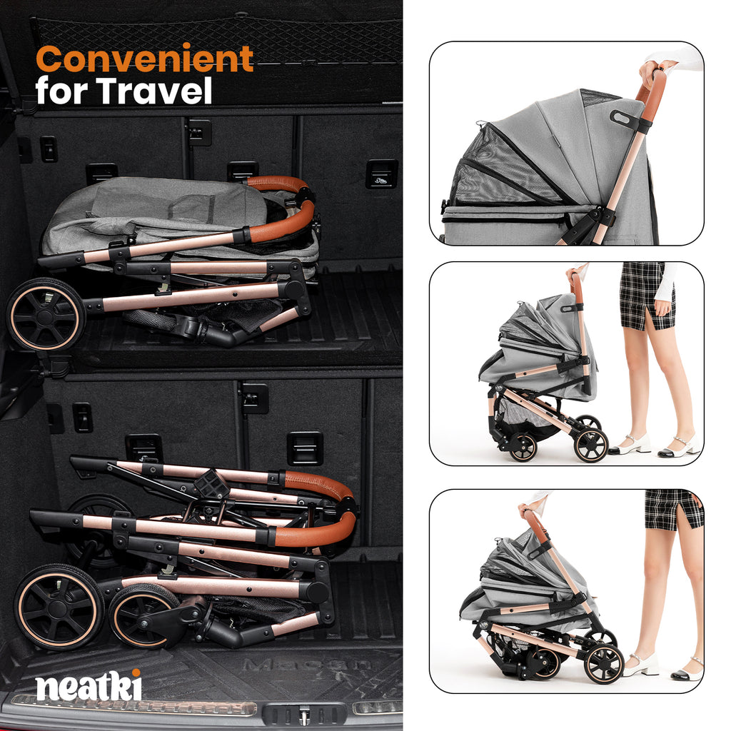 Foldable Pet Stroller for Dogs and Cats, 33 lbs Capacity, 360° Swivel Front Wheels, One-Click Fold, Brake System, Leash &amp; Lock Clips, Removable Washable Padding, and Cup Holder (Gray)
