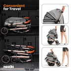 Foldable Pet Stroller for Dogs and Cats, 33 lbs Capacity, 360° Swivel Front Wheels, One-Click Fold, Brake System, Leash &amp; Lock Clips, Removable Washable Padding, and Cup Holder (Gray)