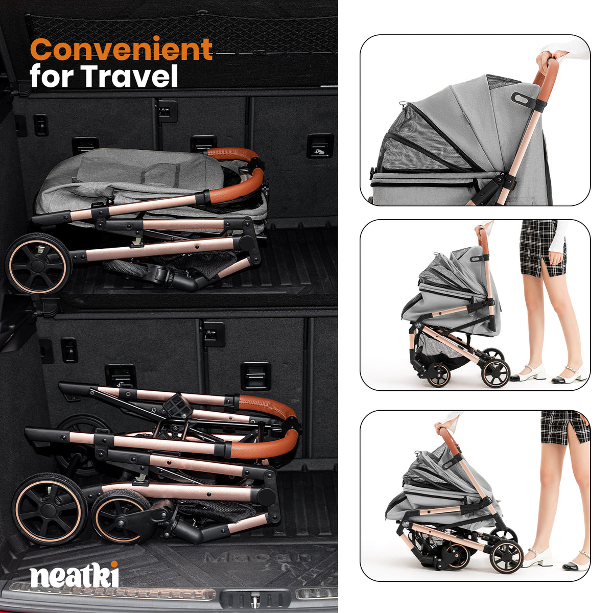 Foldable Pet Stroller for Dogs and Cats, 33 lbs Capacity, 360° Swivel Front Wheels, One-Click Fold, Brake System, Leash &amp; Lock Clips, Removable Washable Padding, and Cup Holder (Gray)