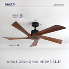 54-inch Industrial Ceiling Fan – 5 Solid Wood Blades, 180 RPM, Downrod, Dark Wood