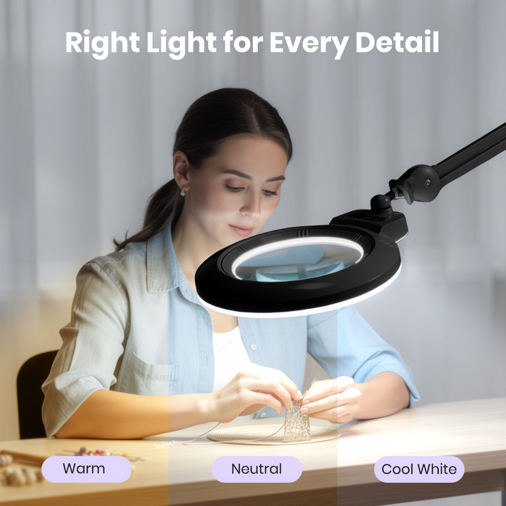 7" Wide Bifocal Lens – 3 Light Modes, 1600 Lumens LED Magnifier Lamp for Detail Works, Black
