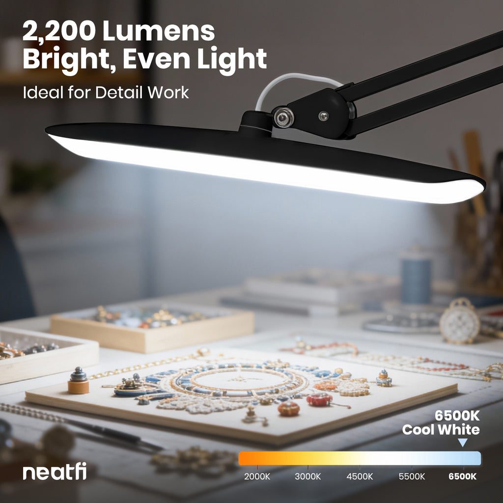 20” Wide Head LED Desk Lamp with Clamp – 2200 Lumens Task Light for Home Office & Crafts, Black