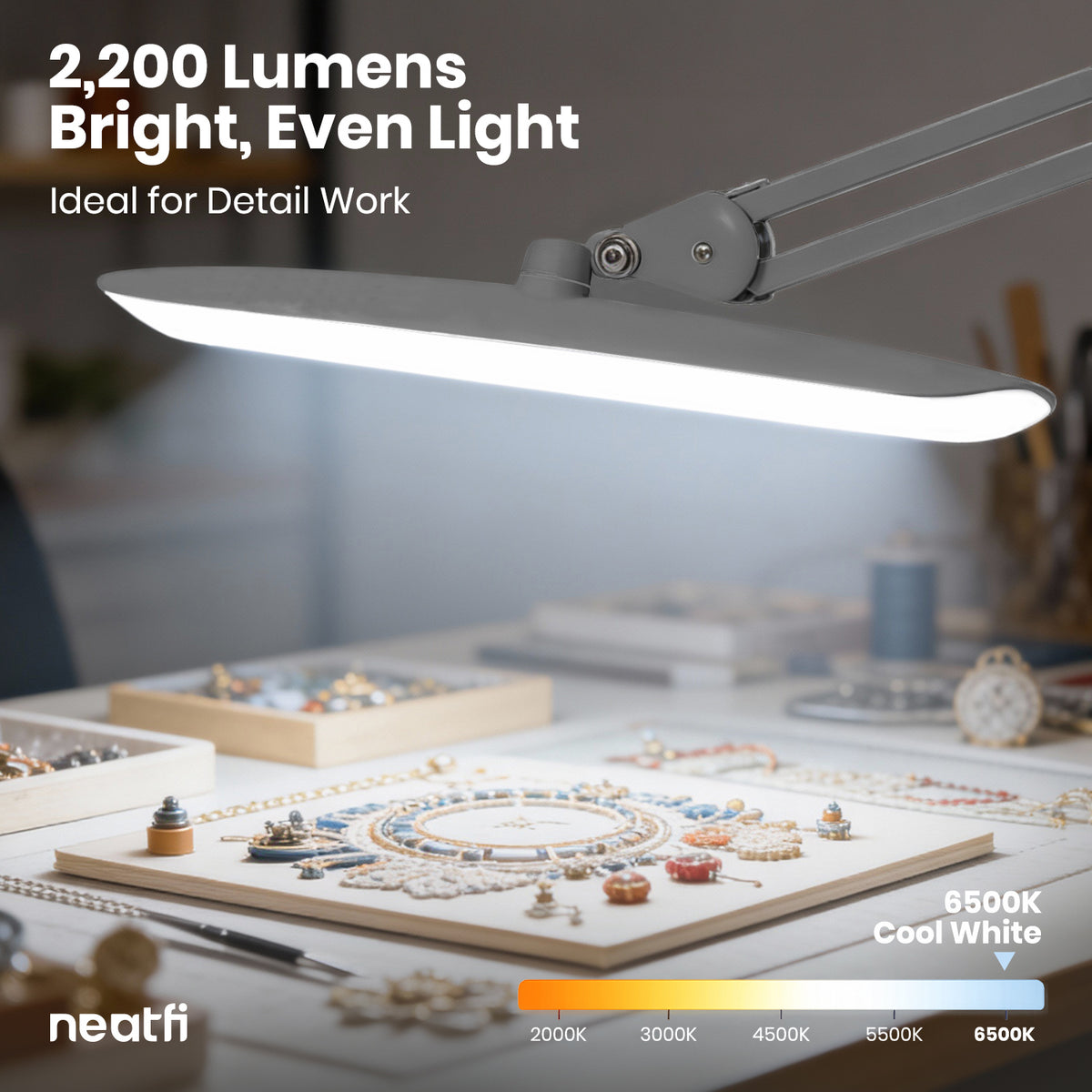20” Wide Head LED Desk Lamp with Clamp – 2200 Lumens Task Light for Home Office & Crafts, Silver