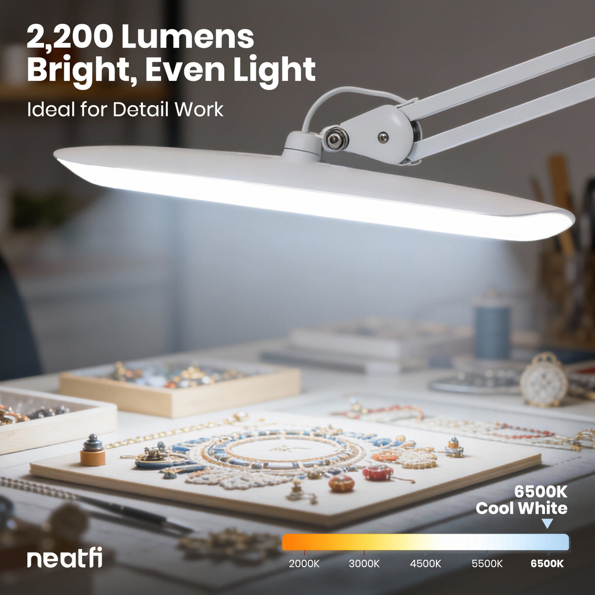 20” Wide Head LED Desk Lamp with Clamp – 2200 Lumens Task Light for Home Office & Crafts, White