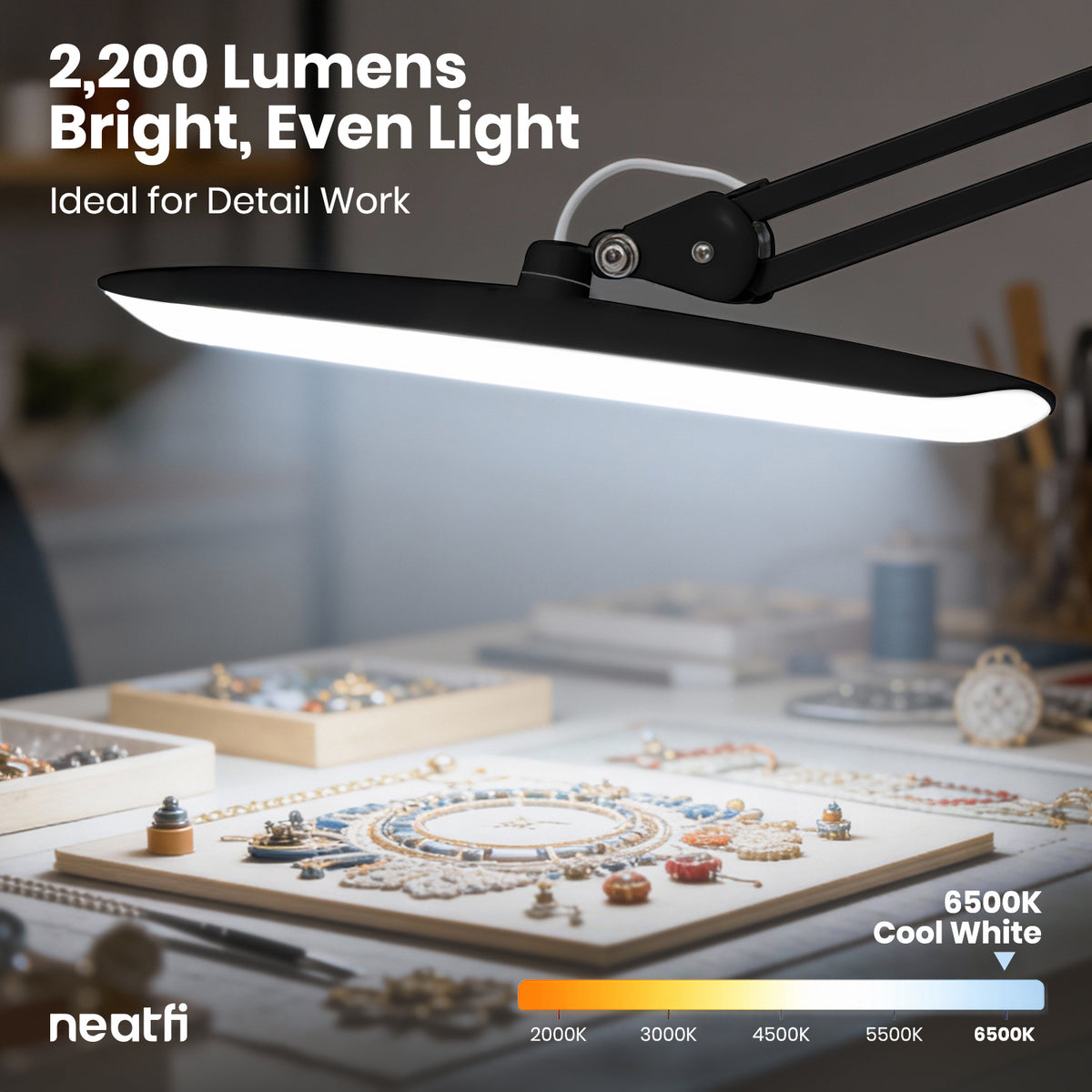 20” Wide Head LED Desk Lamp with Base – 2200 Lumens Task Light for Home Office & Crafts, Black