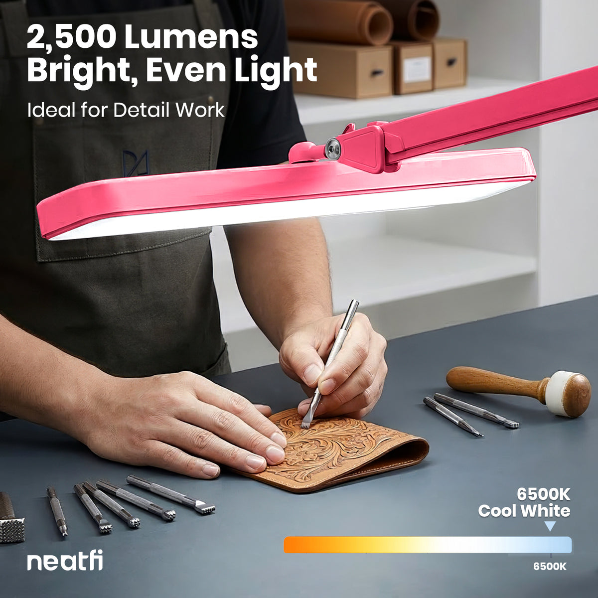 22” Wide Shade LED Desk Lamp with Clamp – 2500 Lumens Task Light for Workbench & Crafts, Pink