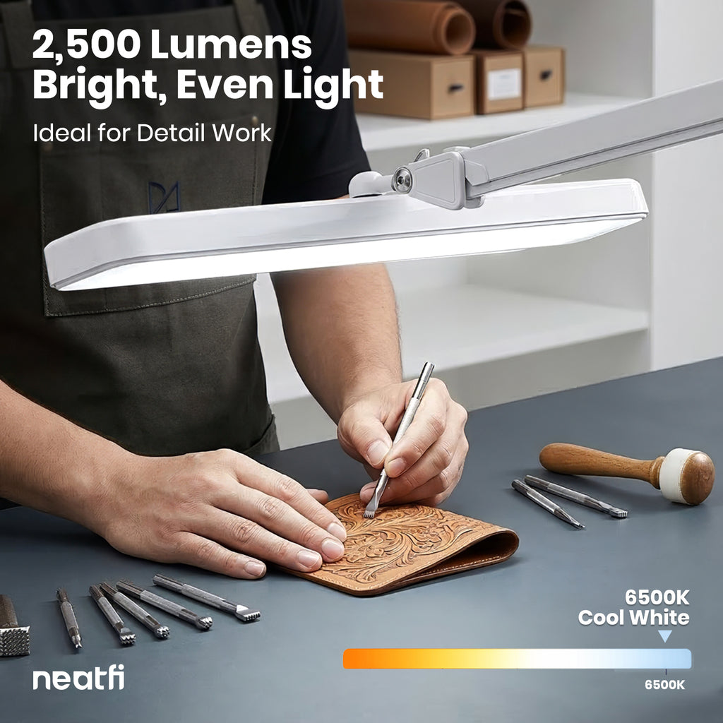 22” Wide Shade LED Desk Lamp with Clamp – 2500 Lumens Task Light for Workbench & Crafts, White