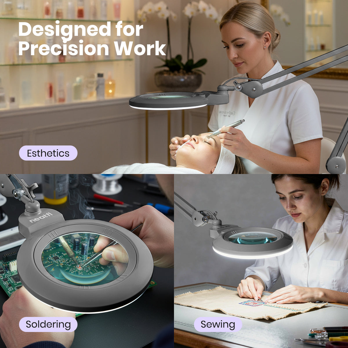 7” Wide Acrylic Lens LED Magnifying Lamp with Clamp – 1600 Lumens, Dimmable for Close Works, Silver