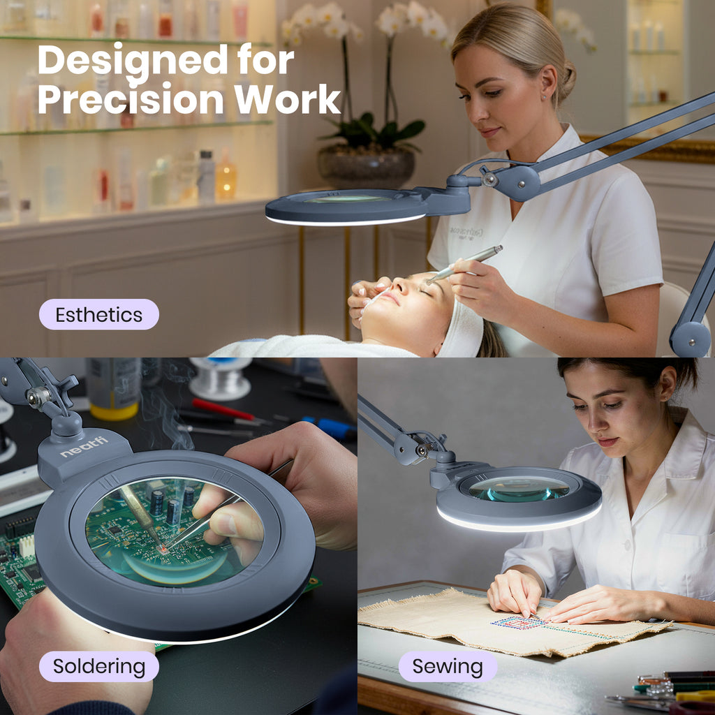 7” Wide Acrylic Lens LED Magnifying Lamp with Clamp – 1600 Lumens, Dimmable for Close Works, Gray
