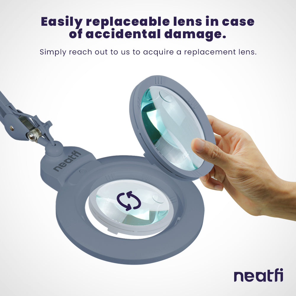7” Wide Acrylic Lens LED Magnifying Lamp with Clamp – 1600 Lumens, Dimmable for Close Works, Gray