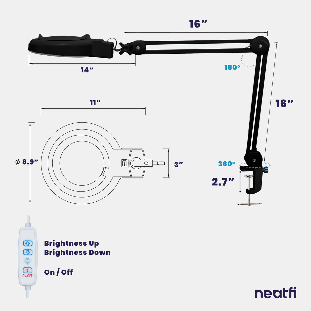 LED Magnifying Lamp with Clamp, 5 Diopter,  Desk Lamp Magnifier Light for Crafts, Painting & Hobbies - Black