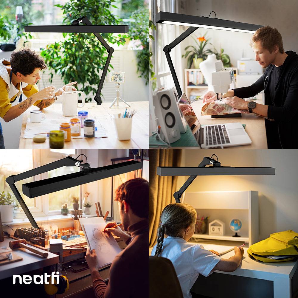 3000 Lumens Flex Desk Lamp with Clamp, Metal Arm – 28" Wide, 5 Light Modes, Dimmable Light, Black