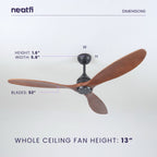 52-inch Low Profile Ceiling Fan Without Light – 3 Solid Wood Blades, Downrod Mount, Dark Wood