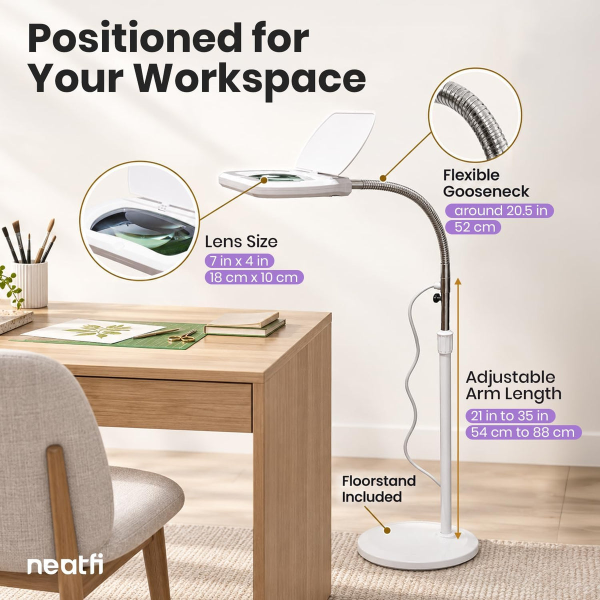Bifocals Pro LED Magnifying Floor Lamp, 1200 Lumens, CRI 95, 7-Inch, White
