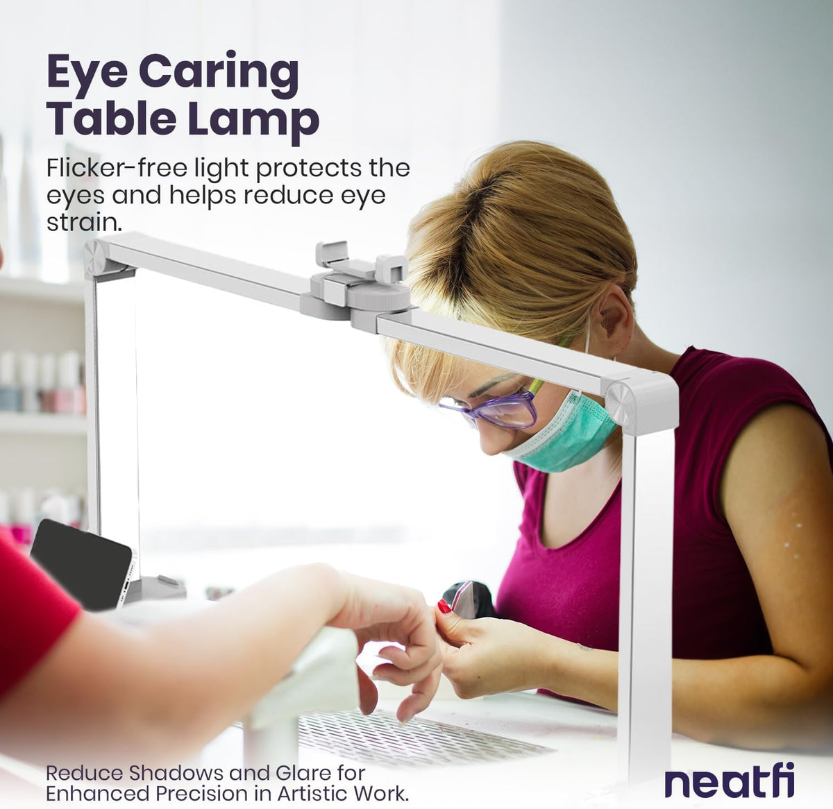 3500 Lumens LED Desk Lamp – 3 Color Modes, Knob Control, Dimmable Task Light for Nail Techs, White