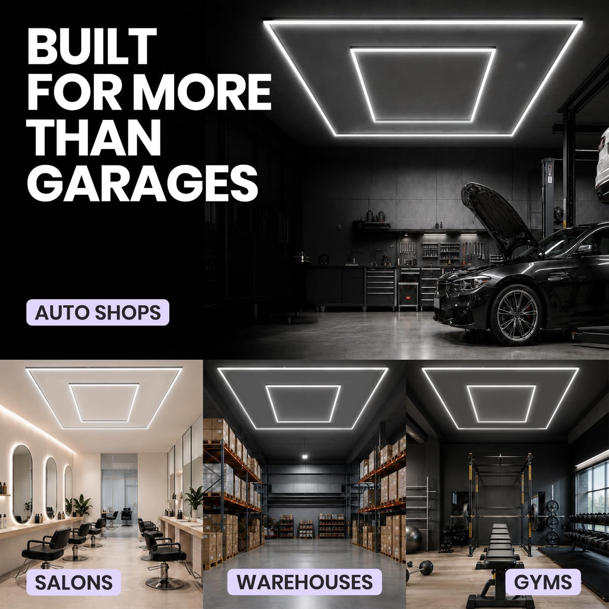 2-Rectangle LED Garage Light – 35,200 Lumens, Dimmable for Shops & Gyms, Hanging/Suspended, Cool White